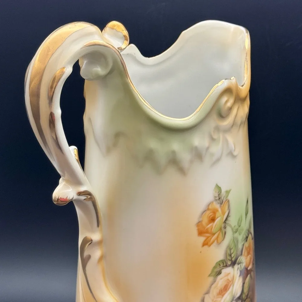 RS Wreath Stamp Porcelain Floral Chocolate‎ Set Pitcher & 5 Cups Gold Trim Roses